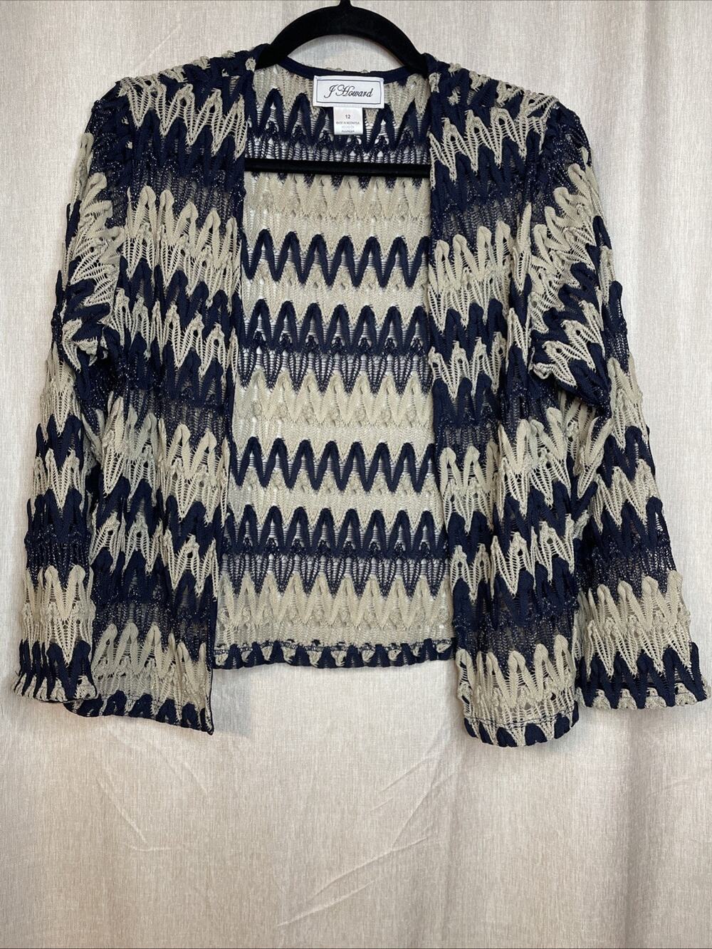 Jessica Howard Open Jacket Women Sz 12 - Navy & Beige Sheer -Geometric Pattern